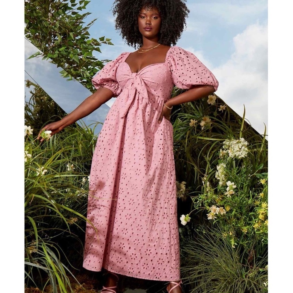 Eloquii Broderie Floral Eyelet Tie Front Puff Sleeve Maxi Dress Classic Pink 16β
